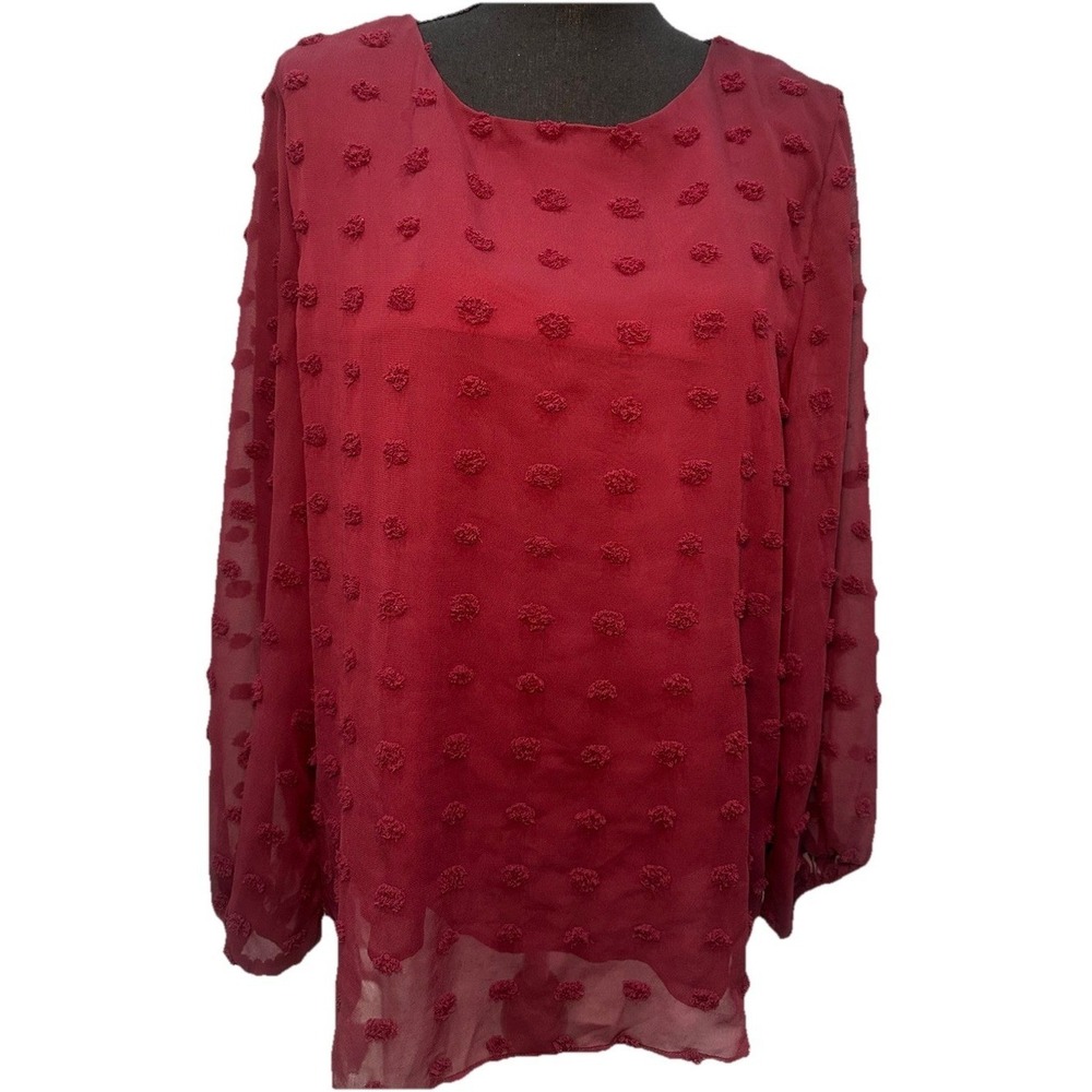 Jolly Code Blouse Women's Size XL Burgundy Sheer Swiss Dot Long Sleeve Lining